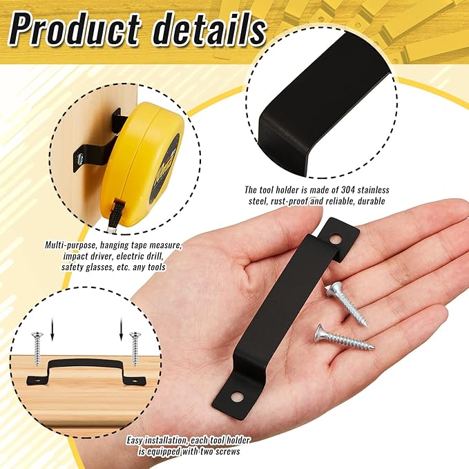 12 Pcs Tape Measure Clip Tape Measure Holder Bench Belt Universal Tool with Screws Stainless Steel Tool Hanger Storage Dock for Mount Drill Power Measures and Belt Clips (Black)