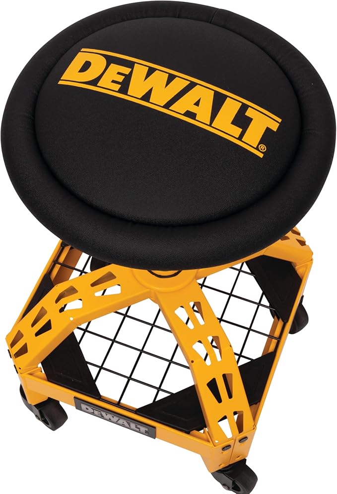 DEWALT Heavy-Duty Metal Rolling Stool for Shop or Garage, Padded 360-degree Swivel Seat, Durable Steel Frame, Adjustable