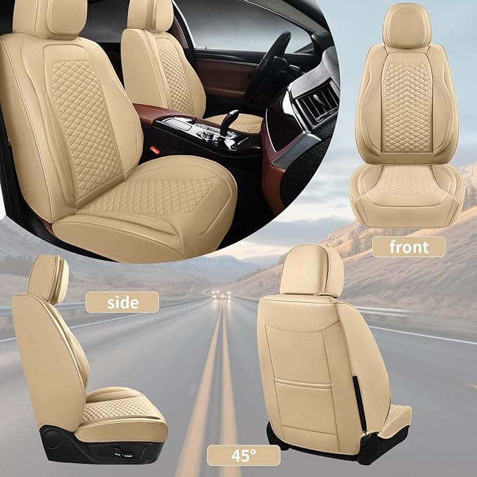 2 Packs Car Seat Covers Leather Car Seat Covers Universal Seat Covers for Car, SUV,Truck (Beige)