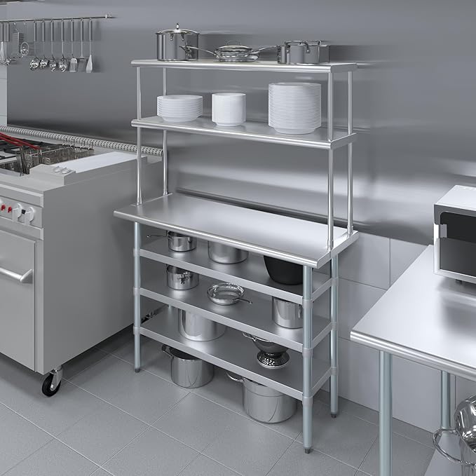 Amgood 18" x 48" Stainless Steel Work Table with 3 Shelves and 12" Wide Double Tier Overshelf | Metal Kitchen Prep Table & Shelving Combo | NSF