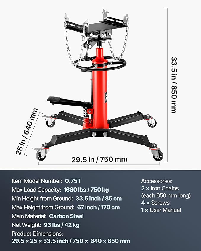VEVOR Transmission Jack,0.75 Ton/1660 lbs Capacity Hydraulic Telescopic Transmission Jack, 2-Stage Floor Jack Stand with Foot Pedal, 360° Swivel Wheel, Garage/Shop Lift Hoist, Red