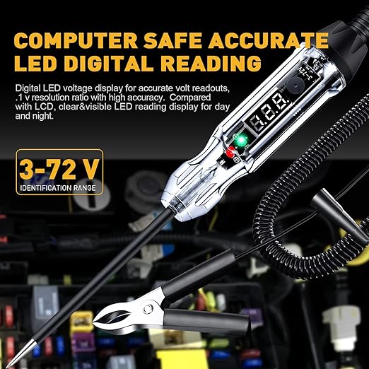 Upgraded Buzzer Automotive Test Light, DC 3-72V Heavy Duty Digital LED Circuit Tester with Voltmeter & Dual Color Polarity Indicate Light, Bidirectional Auto Voltage Tester Electric Light Test Pen