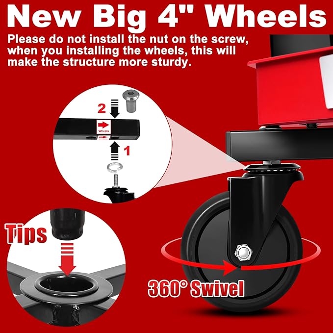 Rolling Shop Stool with Wheels, Adjustable Garage Mechanic Stool Seat Shop Roller Work Chair Mobile Rolling Seat with Tool Tray, 2 Cup Holders, 4" Casters, 350 LBS, Heavy-Duty, Red