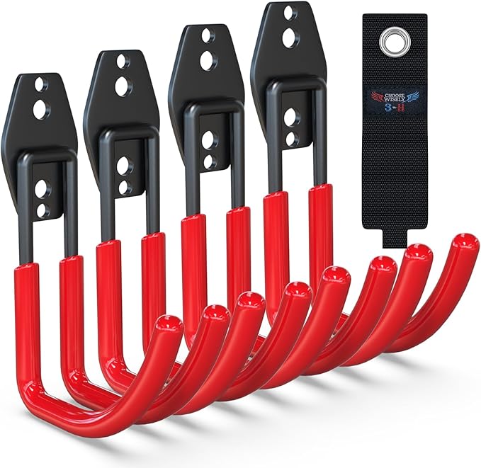3-H Garden Hose Holder Wall Mount 4 Pack,Solid Steel Hose Hanger,Water Hose Holders for Outside,Perfect for Hanging Outdoor Air Hose,Ropes,Pipes,Garden Tools,Ladders,Bikes,Bulk Items(Red)