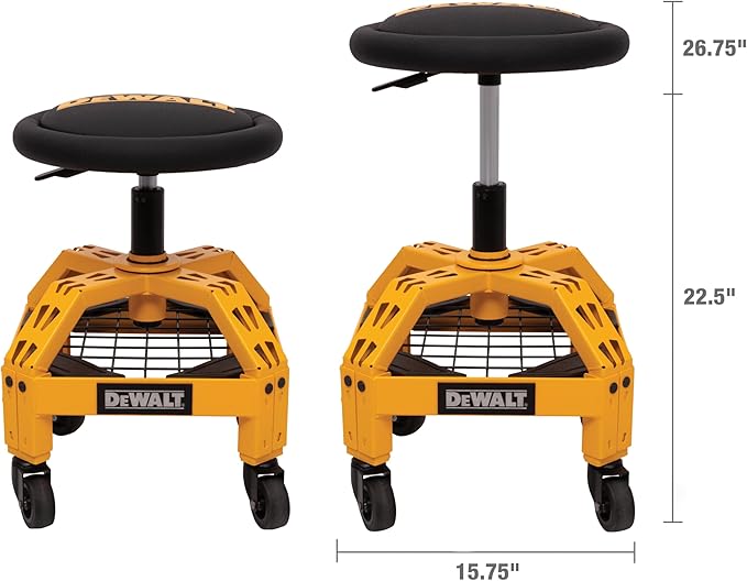 DEWALT Heavy-Duty Metal Rolling Stool for Shop or Garage, Padded 360-degree Swivel Seat, Durable Steel Frame, Adjustable