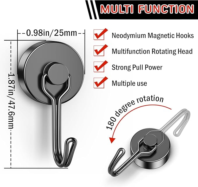 FINDMAG Black Magnetic Hooks, 60 LB+ Magnetic Hooks Heavy Duty 2025 Cruise Ship Essentials, Stong Neodymium Magnet Hooks for Refrigerator, Workplace, Curtain, Locker Accessories, Home - 6 Pack