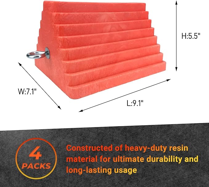 Premium 4 pcs Heavy Duty Wheel Tire Chocks, Vehicle Chocks with Eyebolt for Travel Trailers, Camper, Truck, Car and ATV 4 Pack, Orange