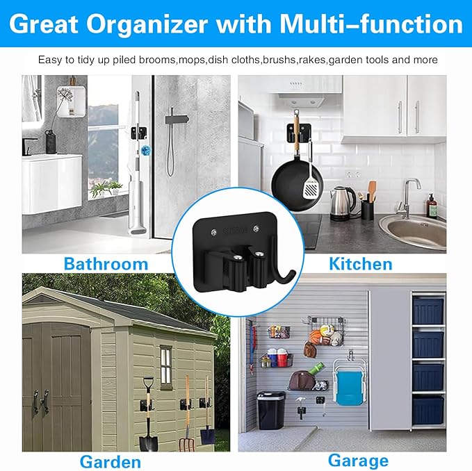 5 Pack Broom Holder Heavy Duty Stainless Steel Broom Hanger with Hooks Screw Drilling Rust Resistant Mop and Broom Holder Wall Mount for Bathroom Kitchen Laundry Room Garage - Black