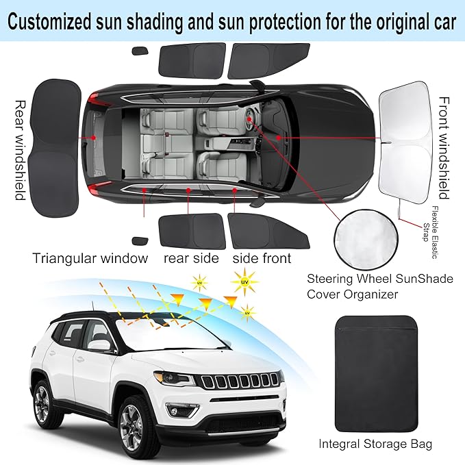 TINGLU Window Shades for Jeep Compass 2017-2024 Accessorie Car Side Full Windows Rear Triangular Windshield Sun Shade Sun UV Rays & Privacy Protection for Camping,Napping,and Relaxing 8PCS
