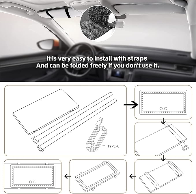 Car Sun Visor Vanity Mirror, with 3 Light Modes & 60 LEDs - Rechargeable Dimmable Clip-on Rear View Sun-Shading Cosmetic Makeup Mirror, Universal for Car SUV(Black)