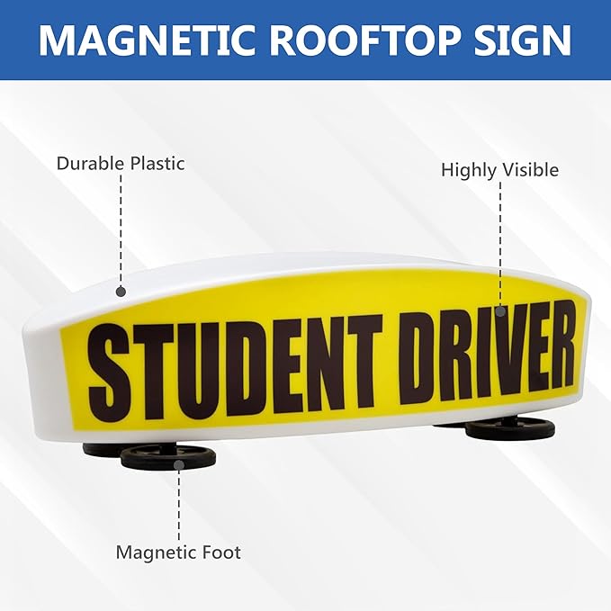 Student Driver Sign for Car Top - Weather-Resistant, Durable and Highly Visible Magnetic Student Driver Roof Signs for Driving School, With Strong Magnets for Attaching to the Vehicle