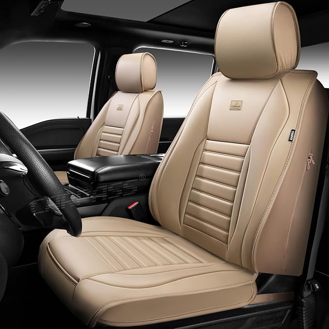 CAR PASS Nappa Leather Car Seat Covers Full Set, Luxury Seat Protector for Cars, Waterproof Anti-Slip Car Seat Cushion Armrest Compatible Airbag Universal for Sedan SUV Pick-up Truck Automotive, Beige
