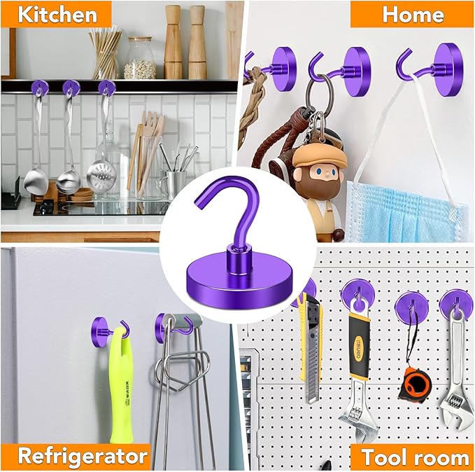 MIKEDE Magnetic Hooks,150LB Heavy Duty Magnets with Hook for Fridge, Strong Magnets Neodymium Industrial Hooks for Hanging, Magnetic Hanger for Toolbox, Cruise(Purple, 10 Pack)