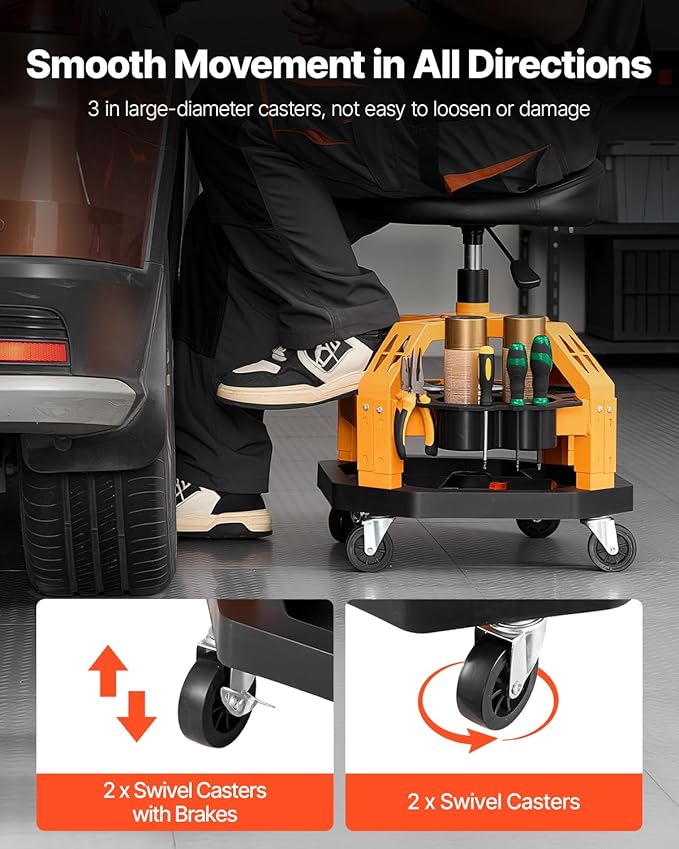 VEVOR Garage Stool, Rolling Mechanic Stool with Dual Storage Trays, Pneumatic Height 23.6–29.5 in, Soft Waterproof Cushion, 360° Swivel Casters for Garage, Shop & Auto Repair