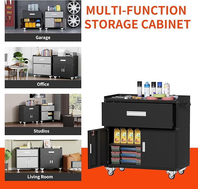 Metal Garage Storage Cabinet with Wheels ，Rolling Toolbox with Lockable Drawer, Utility Cabinet for Home, Office, Garage and Workshop (Black)