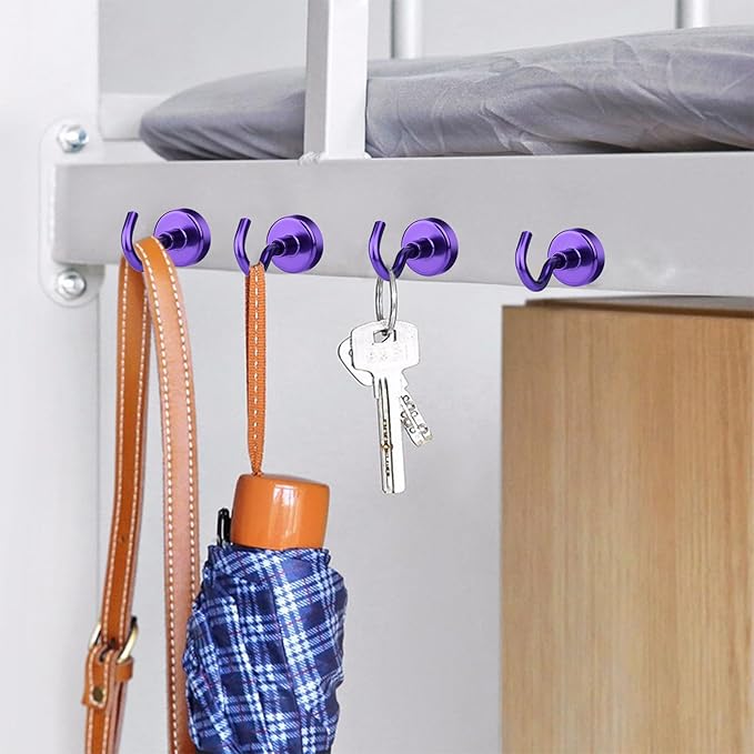 MIKEDE Magnetic Hooks Heavy Duty, 28LB+ Strong Magnets with Hook for Fridge, Neodymium Extra Strength Industrial Hooks for Hanging, Magnetic Hanger for Toolbox, Cruise, Grill (Purple, 4 Pack)
