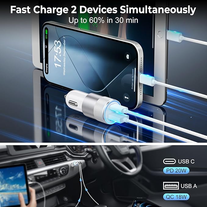 Car Charger USB C 6-Pack, Ancekoy 38W Dual Port Cigarette Lighter with PD3.0 + QC3.0 Type C Car Charger Adapter iPhone 16/15 Pro Max/Samsung Galaxy S24/S23/S22Plus/Ultra/,iPad Pro(White)