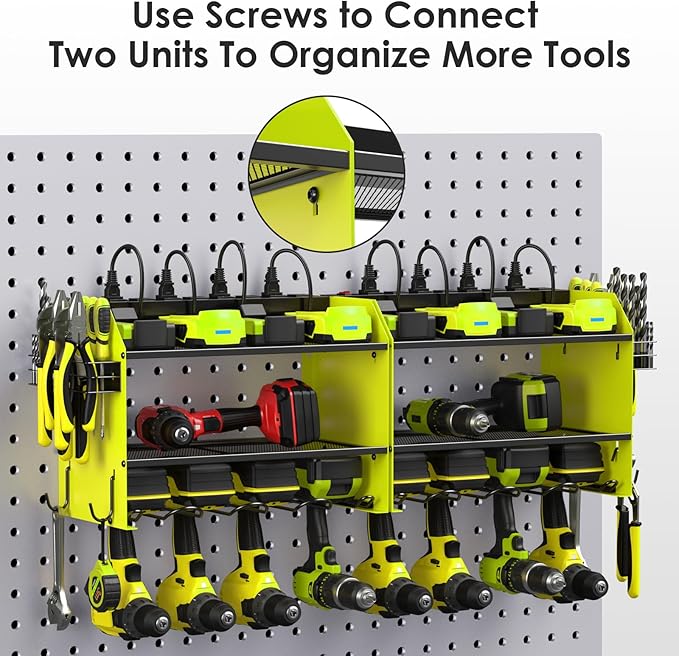 CCCEI Modular Power Tool Organizer Wall Mount Charging Station, Green 6 Drills Holder with 8 Plug Power Strip 10FT, Garage Drill Battery Heavy Duty Metal Shelf, Utility Rack with Hooks, Side Storage.