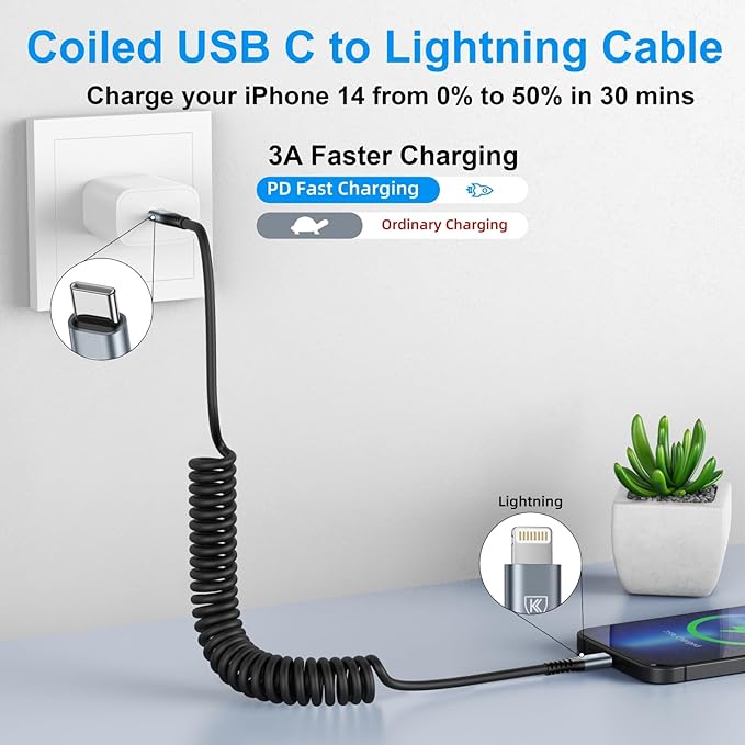 KIYODA USB Type C to Lightning Cable 6FT 2Pack, Coiled iPhone Charger Fast Charging for CarPaly Short USBC iPhone Cord for iPhone14/13/12/11 Pro Max/iPad/CarPlay-Black