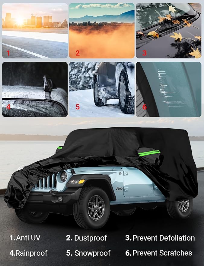 Proadsy 6 Layers Car Cover Custom Fit for Jeep Wrangler 4 Door JK JL YJ TJ 2018-2024 2025 Windproof All Weather Waterproof Sun Rain UV Dust Snow Protection Outdoor Covers