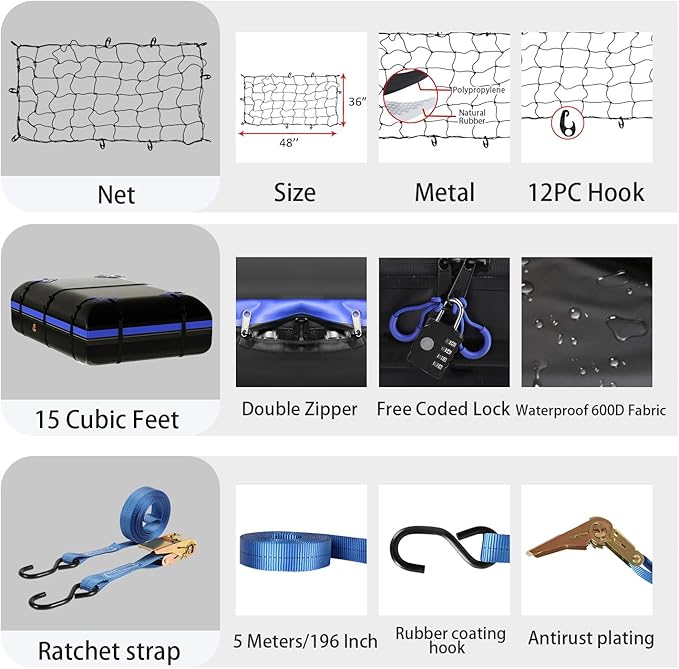 FORWODE Roof Rack Carrier Basket, 64" x 39" x 6" Rooftop Cargo Carrier with 250 lbs Capacity, Rust-Proof Steel Heavy Duty Car Top Luggage Basket with Waterproof Cargo Bag, Net and Straps