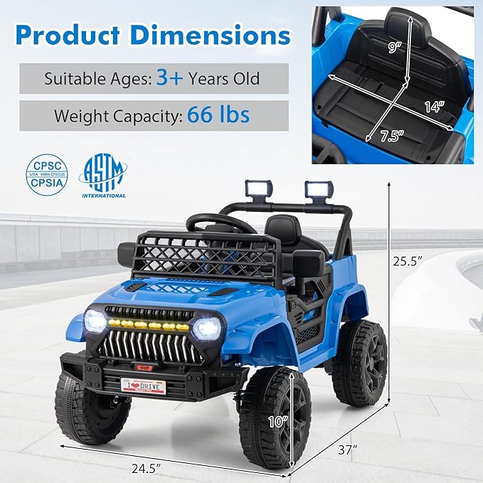 Costzon Kids Ride On Truck, 12V Battery Powered Electric Vehicles w/Remote Control, Spring Suspensions, 3 Speeds, Music, Lights, Wireless Connection, Ride on Car for Boys & Girls 3+ (Navy Blue)