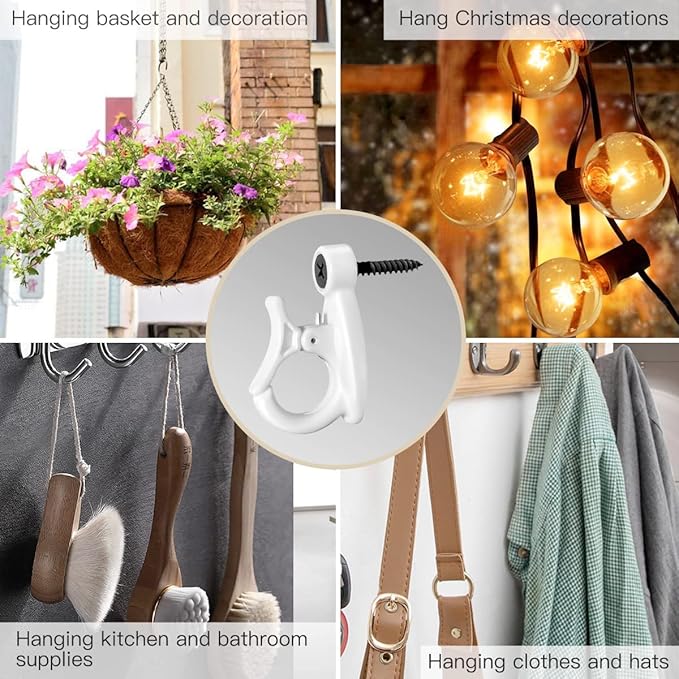 Light Hanger Hooks,String Light Hooks,Screw-in Hooks for Hanging String Lights and Wire,Plants,Wind Chimes,Plastic,White,20 Pack