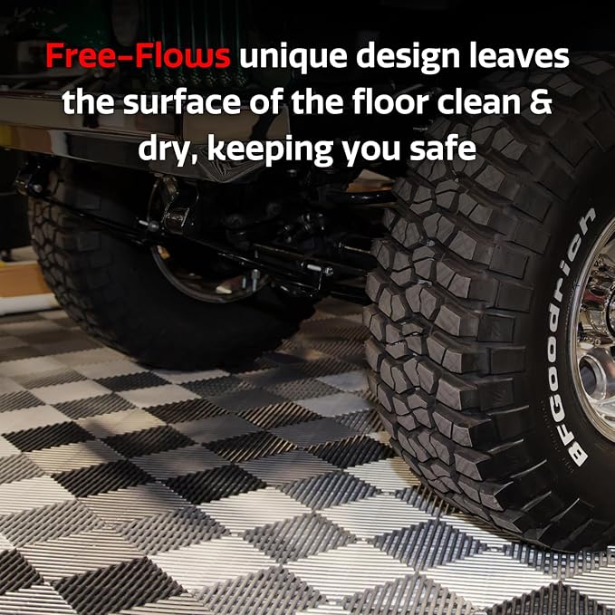 RaceDeck Free-Flow Open Rib Self-Draining Design, Durable Copolymer Plastic Interlocking Modular Garage Flooring Tile (Red, 48 Pack of 12 x 12" Tiles)
