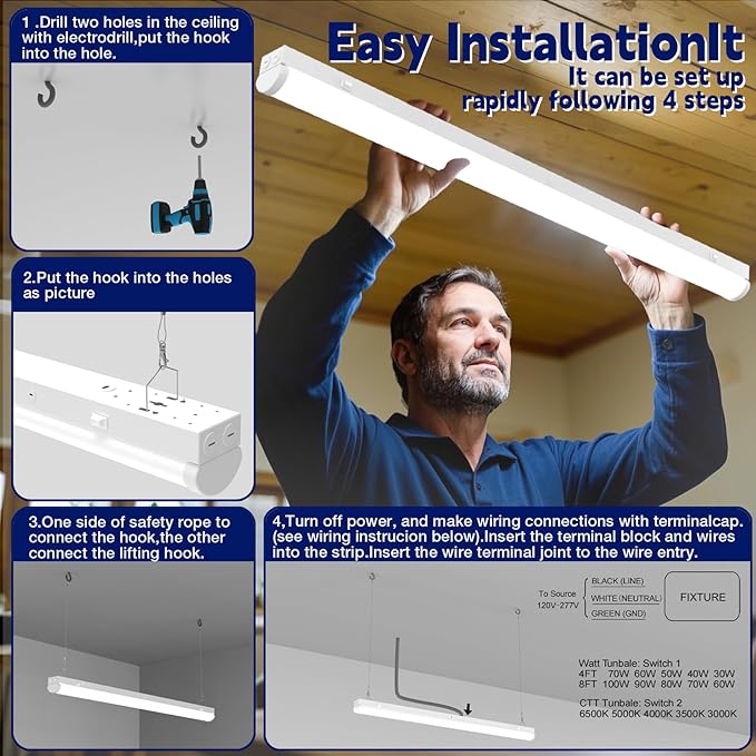 4FT LED Linear Strip Light, LED Shop Lights 40W/35W/30W Selectable,4 Color Selectable 3500K-6500K Adjustable,0-10V Dimmable Commercial Garage Office Ceiling Light Fixture, ETL DLC Listed (9 Pack)