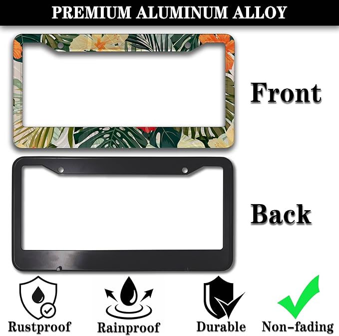 Car Plate Frames Multicolor License Plate Protector Hawaiian Retro Tropical Palm Leaves Universal Aluminum Car Accessory 2 Pack with Screw Covers Set