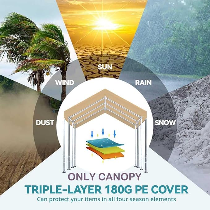 12'x20' Upgraded Carport Replacement Top Canopy Cover for Car Garage Shelter Tent Party Tent with Ball Bungees Beige (Only Top Cover, Frame is not Included)