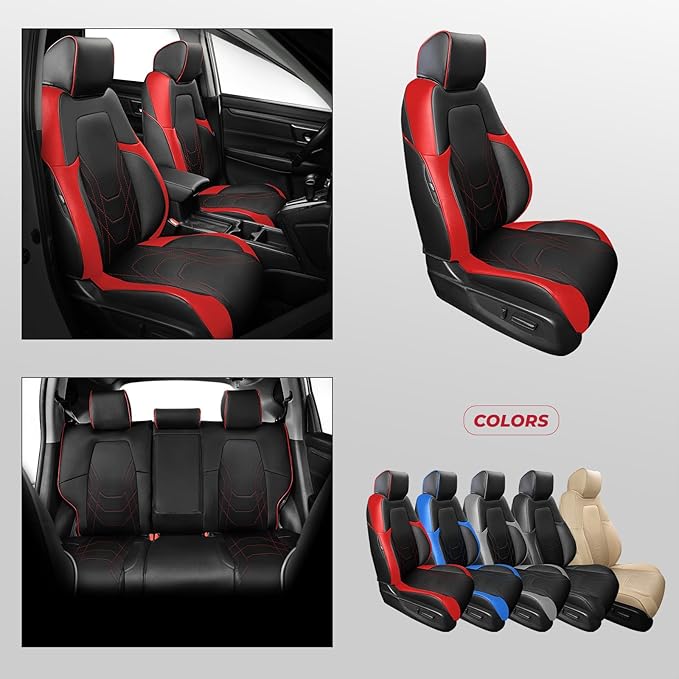 FREESOO CRV Seat Covers Full Set, for Honda CRV LX EX EX-L Sport Touring Hybrid 2017 2018 2019 2020 2021 2022, Custom Fit Seat Covers for CRV, Waterproof Leather Car Seat Covers, Black & Red
