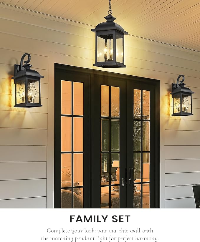 FEMILA 3-Light Outdoor Wall Light, 26" Large Exterior Wall Lantern with Water Ripple Glass, Porch Light for Entryway, Patio, Garage, and Doorway, E12 Base, 4FD54B-L SD BK