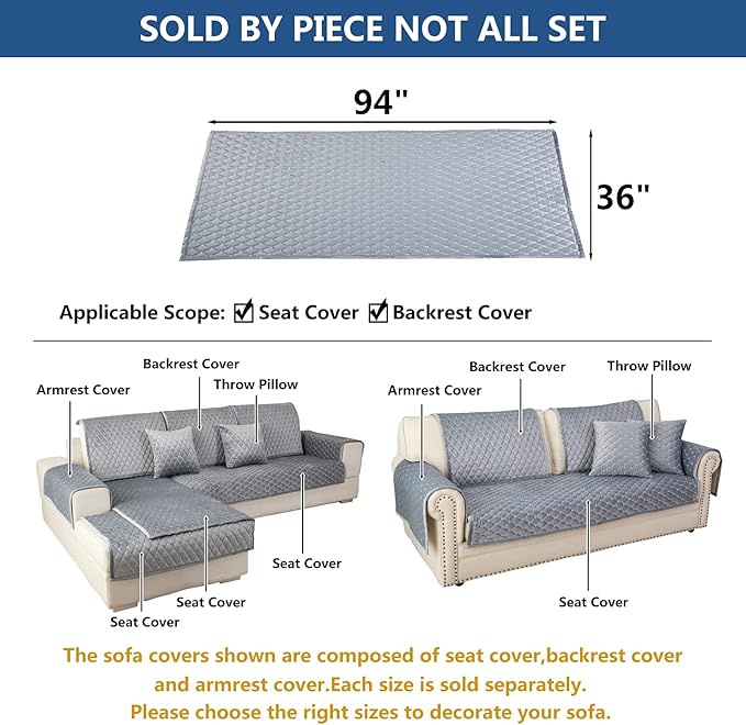 Eismodra Couch Cover,Sectional Couch Covers,Sofa Covers for 3 Cushion Couch,Anti-Slip Sofa Slipcovers for Dogs Cats Kids Loveseat Recliner L Shaped Armrest Backrest,Light Gray 36''x94''(Only 1 Piece)