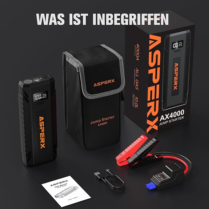 AsperX Car Jump Starter, 4000A Peak Battery Starter for All Gas or 10.0L Diesel Engines, 12V Battery Starter, Jump Box with USBA, Lithium Battery Booster with Built-in LED Light