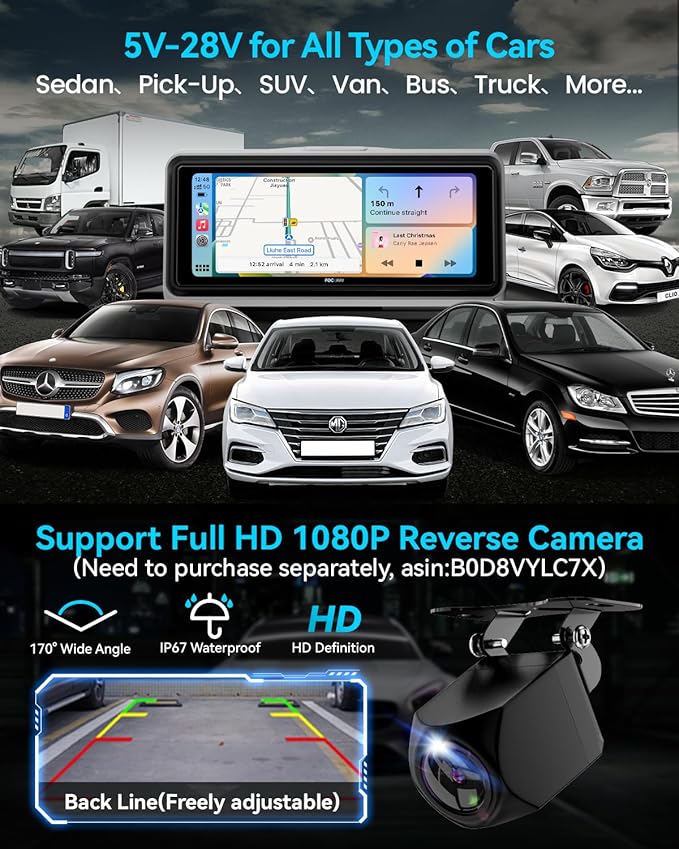 Portable Apple Carplay Screen for Car, Touch Screen with Wireless Android Auto, Car Audio Receivers with Voice Control, Mirror Link, Music Play, GPS Navigation, Built-in Customized Speakers (White)