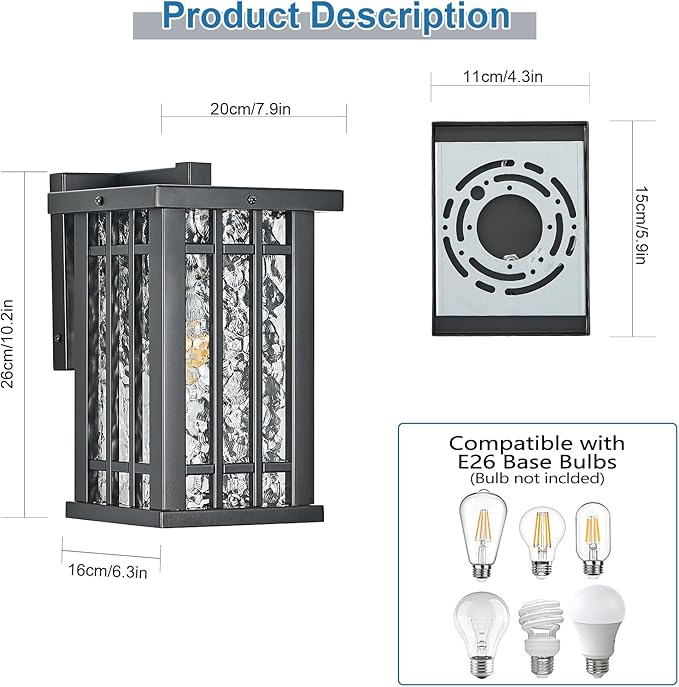 Outdoor Wall Light E26 Base Metal Frame - Black Exterior Waterproof Lanterns with Clear Glass, Porch Wall Mount Lighting for Garage, Patio(Bulb not Included)