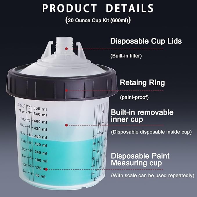 Disposable Paint Mixing Cup 20 Ounce (600ml) Kit,HVLP Paint Sprayer Gun Mixing Cups with 50 Cups and Lids System, 10 Plugs and 1 Hard Cup with Retainer Ring, 2 Cup Adapter,Paint Stirrer (50)
