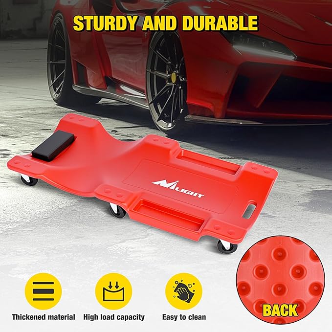Nilight 40" Mechanic Plastic Creeper - 40 Inches Heavy Duty Shop Creeper with Padded Headrest and 6 Casters, 350 lbs Capacity, Red