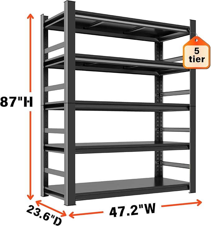 Heavy Duty Garage Shelving, 87" H x 47.2" W x 23.6" D, 3000 lbs Load Capacity, Sturdy Steel Metal Shelves for Storage, Industrial Black 5-Tier Shelving Rack for Garage, Basement, and Workshop