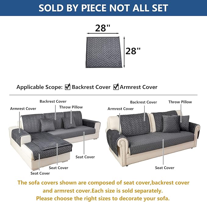 Eismodra Armrest Couch /Sofa /Backrest Covers,Anti-Slip Armchair Slipcovers for Dogs Cats Pet Loveseat Recliner Leather L Shaped,Dark Gray 28 x 28 Inches (Only 1 Piece)