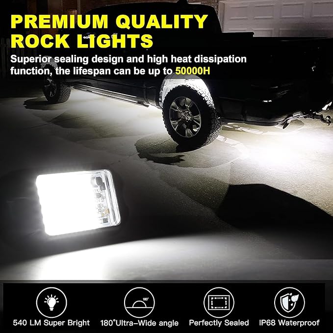 Nicoko 8 Pods 6000K pure White Rock lights Aluminum 9-30V Underglow Lights IP68 Waterproof Neon Trail Rig Lamp Lighting for SUV Car Truck Motorcycle Boat ATV UTV