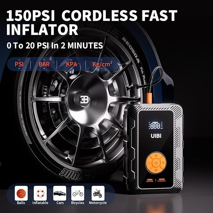 X6 Jump Starter with Air Compressor 150PSI, 2500A Car Battery Jumper Starter Portable Pack with TypeC45W, 20000mAh Tire Inflator 12V Jump Box Booster Charger Cables for 8.5L Gas 8L Diesel Engine