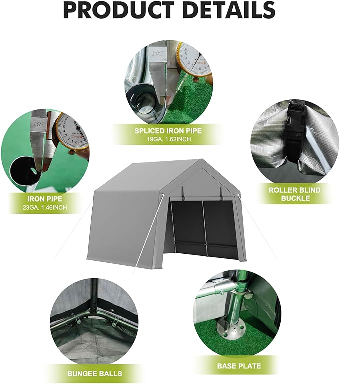 10 x 10 ft Carport Storage Shed, Portable Garage with Roll-up Zipper Door, Heavy Duty Waterproof Tarp, Storage for Motorcycle, Bike, Firewood, Garden Tools