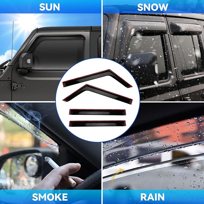 4pcs Front+Rear Smoke Tint Sun/Rain Guard Outside Mount Tape-On Vent Window Visors Compatible with 2020-2024 Jeep Gladiator 2018-2024 Jeep Wrangler JL 4-Door