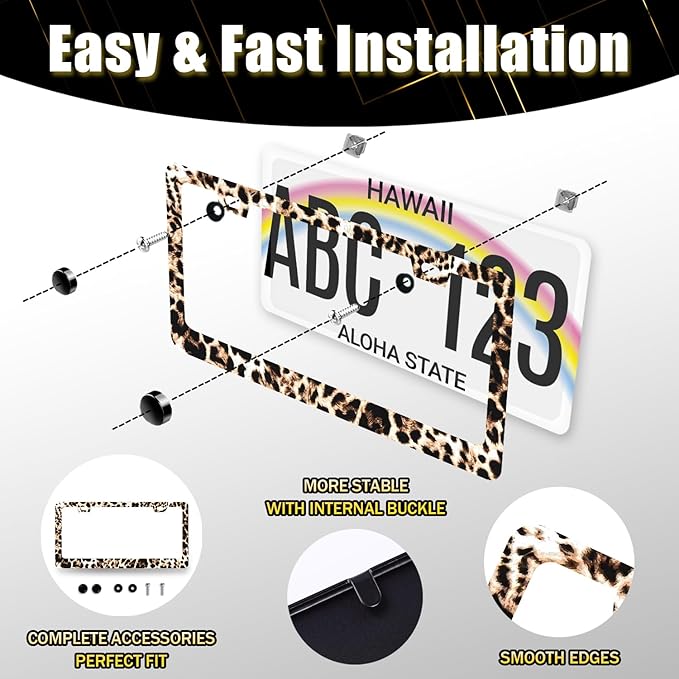 Brown Leopard License Plate Frame Animals License Plate Holder Stainless Steel Colorful Car Accessories Decoration 6.3"X12.3" with 2 Holes Screws