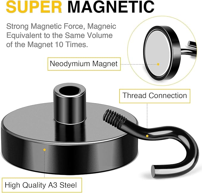 DIYMAG Black Magnetic Hooks, 118 LB Heavy Duty Strong Magnets with Hook, Rare Earth Neodymium Magnet for Cabins Cruise Ship Essentials 8 Packs
