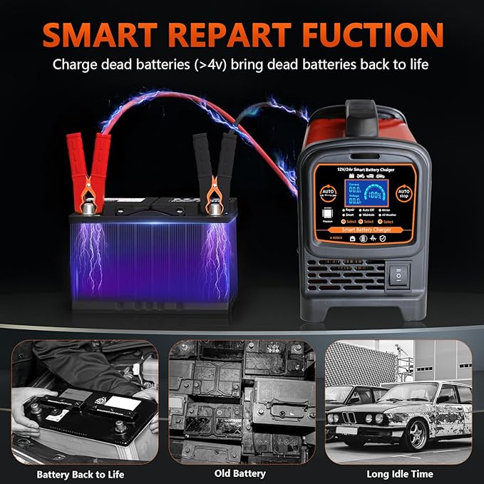 12V 24 Volt Car Battery Charger Heavy Duty, 0-15A Smart Automatic Battery Maintainer, High/Low Power Trickle Charger and Desulfator with Auto Shutoff, Repair, Winter Mode, for Car Truck Boat RV