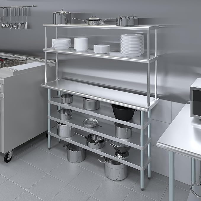 Amgood 14" x 60" Stainless Steel Work Table with 3 Shelves and 12" Wide Double Tier Overshelf | Metal Kitchen Prep Table & Shelving Combo | NSF