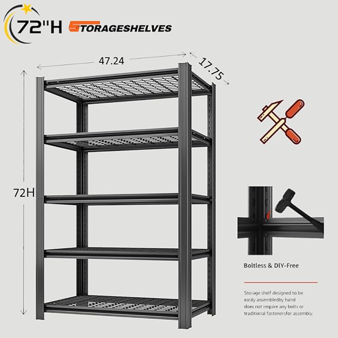 5 Tier Metal Shelving Unit, Adjustable Storage Shelves, 72" H x 47.47" W x 17.75" D Heavy Duty Garage Shelves for Warehouse, Basement, Kitchen, Pantry, Living Room, Black